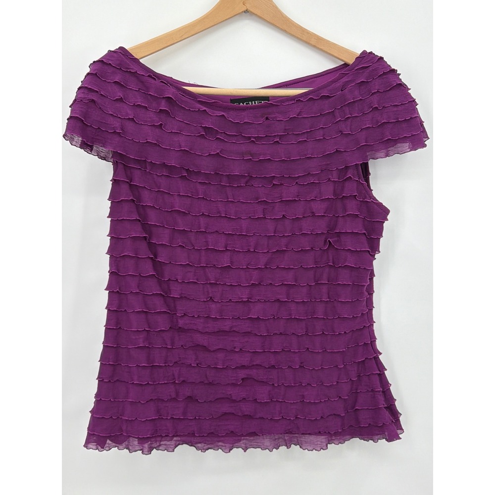 Cachet Purple Tiered Ruffle Off Shoulder Cap Sleeve Blouse Top Size 14
